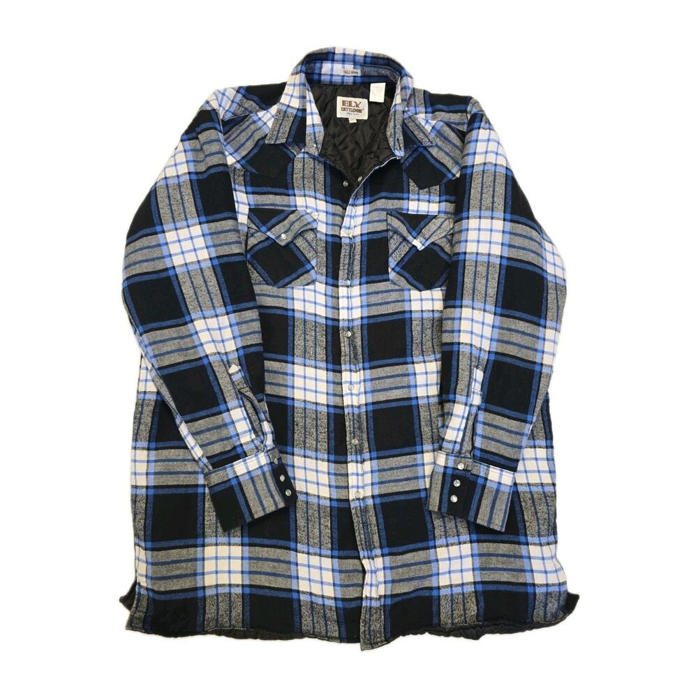 Ely Cattleman Flannel Shirt Jacket Mens XLT Blue Plaid Quilted Pearl Snap